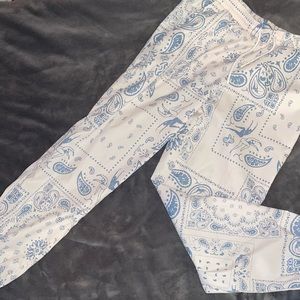 Cream and blue jogger style paisley print pants